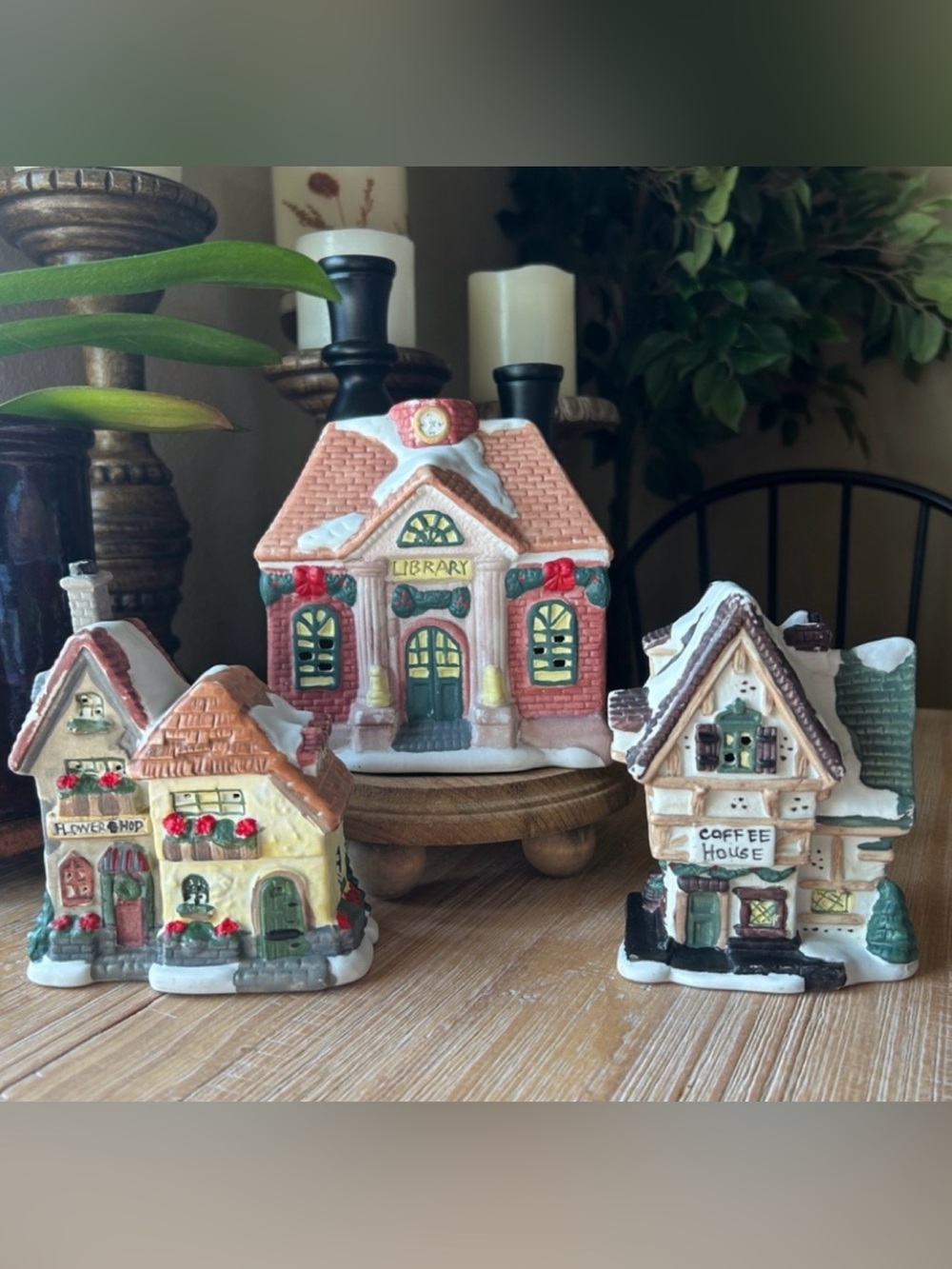 1995 "Winter Valley Villages" Porcelain Library Flower Shop Coffee Shop Building